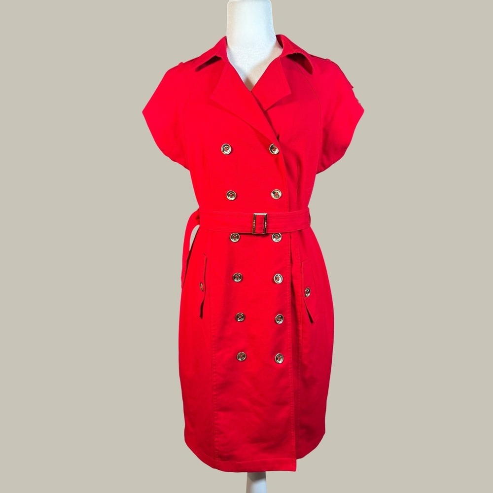 Calvin Klein Double Breasted Trench Dress M Red Belted Gold Buttons